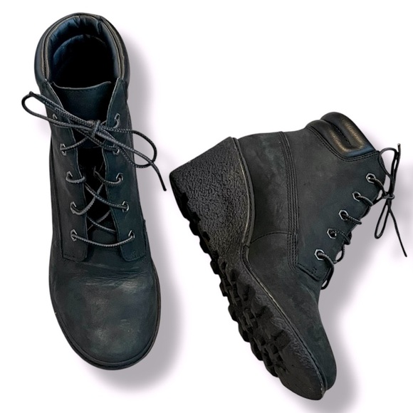 Timberland Earthkeepers Amston Wedge Booties Laceup Black Leather 8253A Womens 7 - Picture 1 of 13